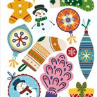 Weihnachtliche Illustration mit Baumschmuck, Schneemännern und Lebkuchenfigur in bunten Farben.