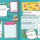 Zwei Seiten mit Lückentexten und Checklisten über persönliche Informationen und Vorlieben für Kinder. Bunte Illustration.
