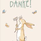 "DANKE!" steht in großen Buchstaben. Hase hält Blume, umgeben von bunten Schmetterlingen. Verspielte Illustration.