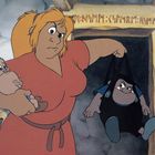 Verzierte Tür mit alten Schriftzeichen. Frau in rotem Kleid hält einen Walross und eine Person in Latzhose in den Armen.