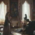 Eine historische Innenansicht mit vier Frauen in einem eleganten Zimmer. Große Fenster mit schweren Vorhängen und antiken Möbeln.