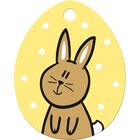 Ein brauner Hase lächelt in einer Illustration auf einem gelben, gepunkteten Ei.