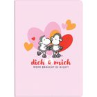 Text: "dich & mich MEHR BRAUCHT ES NICHT!" Zwei Cartoon-Schafe mit Herzen im Hintergrund.