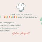 Text: "Was könnten wir zusammen LECKERES zaubern? Hast du Lust auf... Guten Appetit!" Illustrative Grafik: Kochhandschuh, Blätter.