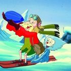 Ein Elf mit Skibrille hält eine blaue Kugel. Neben ihm ein pelziges, blaues Wesen. Beide stehen auf Skiern im Schnee.