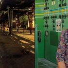 Links: Industrieanlage mit Personen; rechts: Frau vor grüner Schalttafel, trägt gemustertes Oberteil.