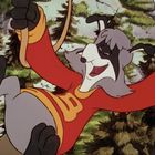 Ein fröhlicher, animierter Hund klettert mit Seil und Schwert, umgeben von einem Wald.