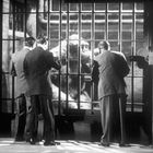 Keine Texte zu sehen. Drei Männer in Anzügen stehen vor einem Käfig mit einem großen Affen dahinter.