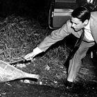 Der schwarz-weiß angezogene Mann inspiziert ein großes, blattartiges Objekt am Boden, neben einem Auto.