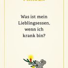 „FRAGEN: Was ist mein Lieblingsessen, wenn ich krank bin?“ Illustration einer Maus mit Kerze und Käse.