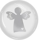 Ein einfaches graues Engelsymbol mit Flügeln und kleinem Herz darunter auf weißem Hintergrund.