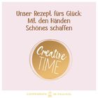 Text: „Unser Rezept fürs Glück: Mit den Händen Schönes schaffen“. Illustration mit goldfarbenem Kreis und „Creative Time“.