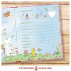 Zu sehen sind Abschnitte zum Ausfüllen: Lieblingsfarbe, Lieblingstiere, Vorlieben. Illustrationen von Tieren und Blumen.