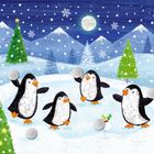 Eine stimmungsvolle Illustration: Fünf fröhliche Pinguine werfen Schneebälle im Schnee, umgeben von Tannenbäumen und Bergen.