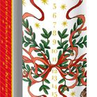 Ein rot-goldener Adventskalender mit Zahlen von 1 bis 20, verziert mit Blättern, Schleifen und Tannenzapfen.