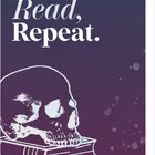 Text: "Eat, Sleep, Read, Repeat." Illustration eines Totenkopfs auf Büchern.