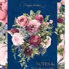 "NOTES & THOUGHTS" steht in goldener Schrift auf einem dunkelblauen Hintergrund. Darunter ist ein bunter Blumenstrauß.