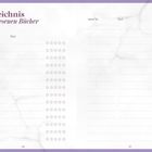 „Verzeichnis der gelesenen Bücher“, mit Spalten „Autor*in“, „Titel“ und Sternebewertungen auf zwei Seiten.