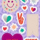 Texte: "ICH HÖRE AUF MEIN" in einem Herz, "FRIENDS FOREVER" in bunten Buchstaben. Bunte Sticker auf lila Hintergrund.