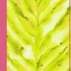 Keine Texte erkennbar. Gelb-grünes Muster, das an ein Blatt erinnert, mit rosa Vertikalen am Rand.