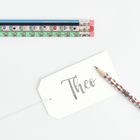 Ein Etikett mit "Theo", daneben ein Bleistift mit Herzchenmuster und drei bunte Stifte mit Radiergummis oben.