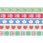 Fünf bunte Streifen mit Blumen, Hasen, Wolken, Herzen und Schweinchen in fröhlichen Designs.