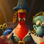 Ein roter Krabben-Charakter mit Piratenhut steht ernst zwischen einem lächelnden, blaugrünen Oktopus und einer Schnecke.