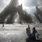 Illustration einer düsteren Landschaft mit bizarren Felsformationen, kahlen Bäumen und einer Figur, die ein Tier reitet.