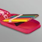 Ein pinkes Federmäppchen mit Buntstiften in verschiedenen Farben, ordentlich in Schlaufen angeordnet.