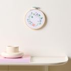 Stickrahmen mit floraler Stickerei an der Wand. Darunter ein pastellfarbenes Buch mit dekorativer Vase darauf.