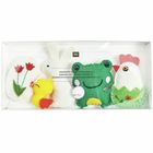 Anhänger Filz Osterfiguren 2D, 5 Stk/Pcs. Stofffiguren: Hase, Krokodil, Küken, Ei mit Blumen und Huhn in einer Verpackung.