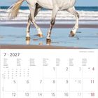 Kalenderblatt für Juli 2027. Großes Bild eines galoppierenden weißen Pferdes am Strand.