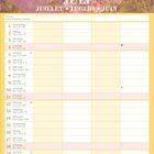 JULI - JUILLET - LUGLIO - JULY. Ein Kalenderblatt mit Blütenkranz aus Gänseblümchen und rotem Klatschmohn.