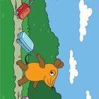 "Die Maus" steht oben rechts. Illustration: Elefant, Maus, Ente ziehen Koffer auf Waldweg, blauer Himmel, Wolken.