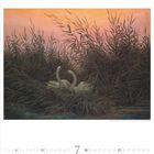 Juli, 7. Zwei Schwäne im Schilf vor einem orangefarbenen Himmel mit Mondsichel.