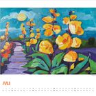 "JULI" und Kalendarium. Illustration: Gelbe Blumen vor blauem Himmel, Weg führt durch das Bild.