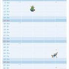 Kalender für August. Enthält Zeichnungen von Comic-Figuren. Unten feiern Figuren neben einem Haus.