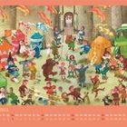 Unter dem Monat "Juli" zeigen viele Figuren ein mittelalterliches Markttreiben mit Zelten, Fahnen und Tierdarbietungen.