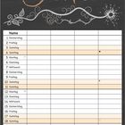 Kalender für den Juli, Dekorationen mit Blättern und Ranken, Tage in Spalten auf schwarzem Hintergrund.