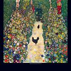 Text: "Gustav Klimt, Garden Path With Chickens, 1916." Illustration mit buntem Gartenweg, Hühnern und Blumen. Unten Kalenderzahlen.