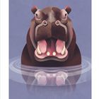 "Juni" steht unter einem Kalender, ein stilisiertes Nilpferd im Wasser, offene Schnauze, das Wasser spiegelt es wider.