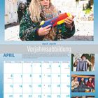 "Vorjahresabbildung." Kalender für April. Frau mit Wasserpistole, Konfetti fliegt. Weitere Fotos: Leute mit Pullover, Überraschung, Küche.