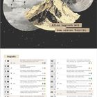 Text: "Alles beginnt mit dem ersten Schritt." Kombination aus Bergen, Planeten, Sternbild und rotem Kreis auf schwarzem Hintergrund.