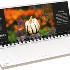 Spiral-Kalender mit Kalendarium für September 2027, KW 38. Text über Kürbisse. Foto eines Kürbisses vor unscharfem Hintergrund.