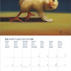 Kalender Juli mit einem flauschigen Küken, das den Kopf neigt und die Flügel hebt.