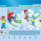 Oben: Januar, Benjamins Schneeplumpser. Unten: Rätsel mit Skifahren in 5 Streifen, Schneelandschaft und Figuren in Winterkleidung.