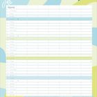 Kalenderseite für Juli mit Wochentagen und Notizen. Dezentes Muster in Blau- und Gelbtönen im Hintergrund.