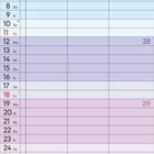 Kalender für Juli 2027. Wochenbeginn Do, Feiertage rot. Bunte Zeilen zeigen unterschiedliche Wochen. Platz für Notizen unten.