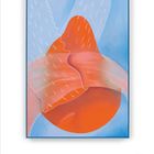 Augustkalender 2027. Abstraktes Gemälde mit orangen und blauen Formen und weißen Linien.