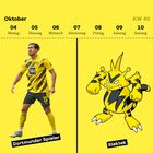 Oktoberkalender, KW 40. Links: Dortmunder Spieler in Gelb-Schwarz. Rechts: Illustration von Elektek, gelb-schwarze Kreatur.